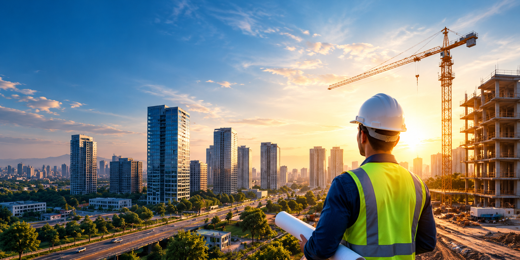 AKR engineer with blueprints overlooking a city development under construction at golden hour