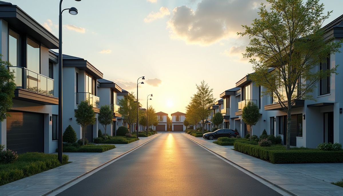 Modern residential street at golden hour, lined with contemporary townhomes