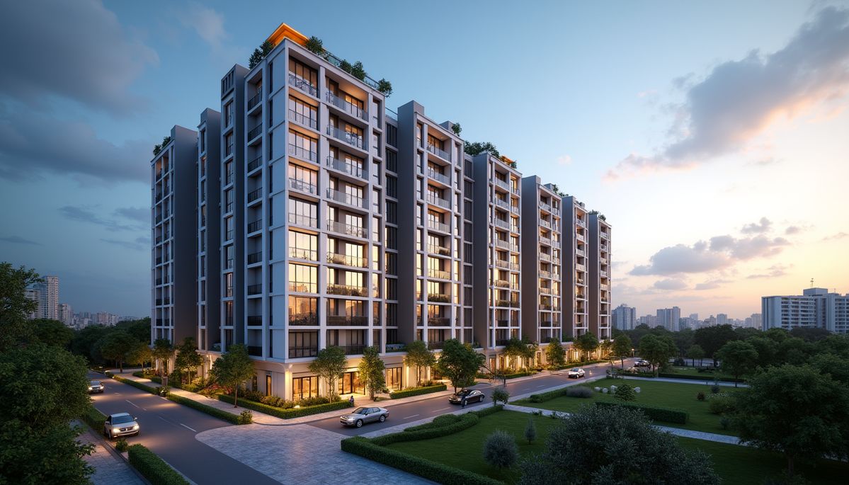 AKR high-rise residential development at dusk, warmly lit balconies and rooftop gardens above landscaped lawns