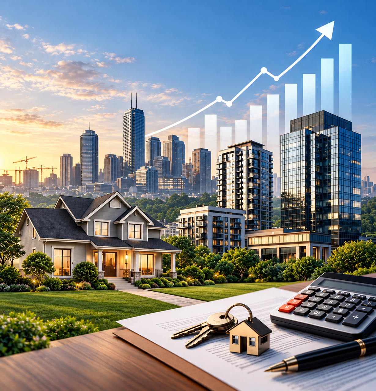 A real estate contract, keys and calculator on a wooden desk before a suburban home, city skyline and a rising growth chart at golden hour