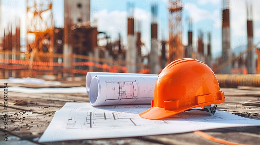 Orange safety hard hat resting on architectural blueprints with rolled drawings, concrete columns and scaffolding behind at golden hour