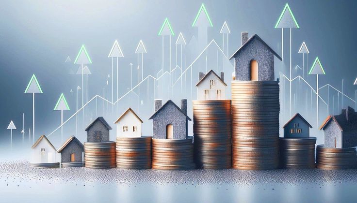 Miniature houses on rising stacks of coins against a soft blue background with glowing upward trend arrows