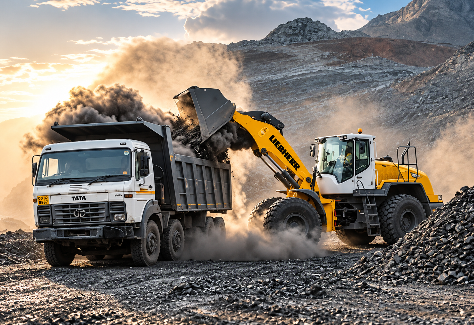 Wheel loader loading aggregate into a tipper truck at a quarry during golden hour