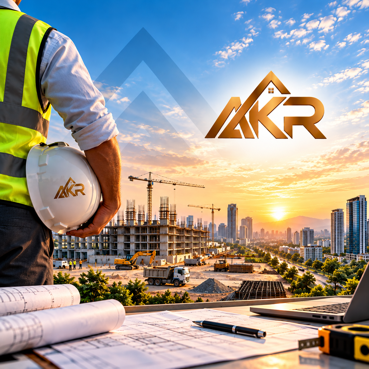 A construction engineer holding a hard hat over blueprints, overlooking a high-rise construction site at sunset with the golden AKR logo in the sky