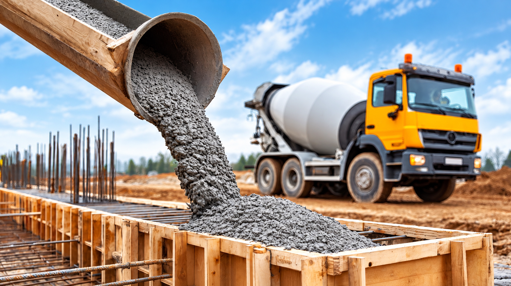 Ready-mix concrete pouring down a chute into foundation formwork with a mixer truck behind