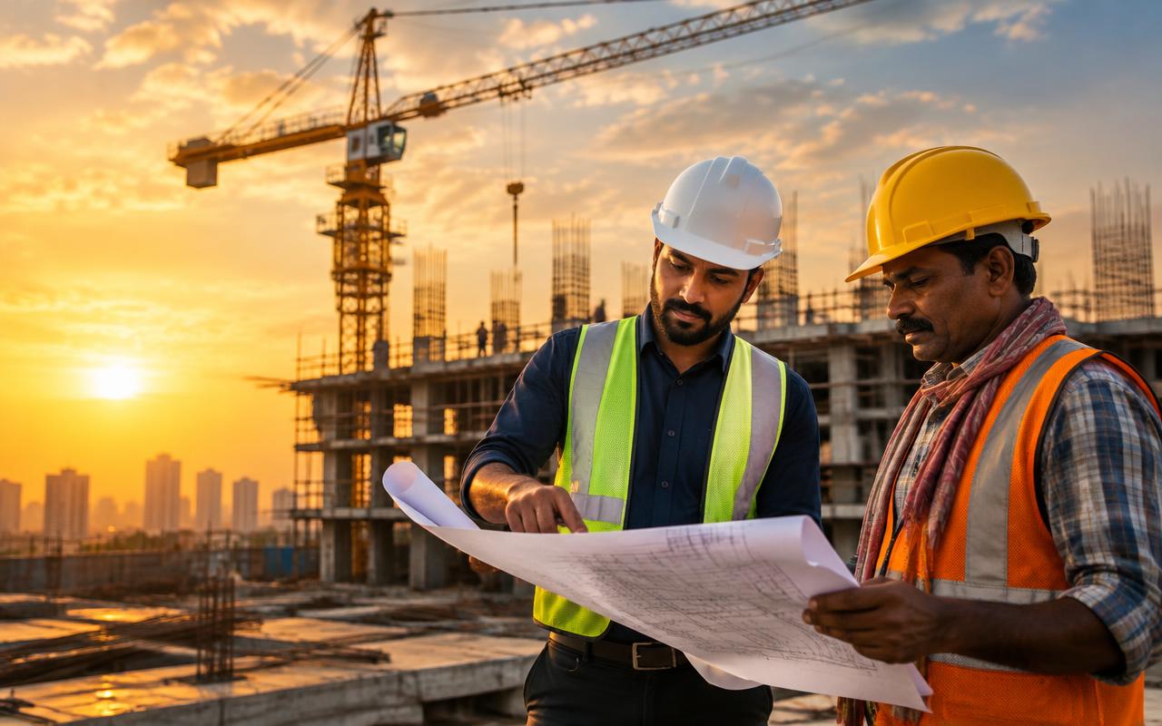 Construction site at sunset with tower crane and workers