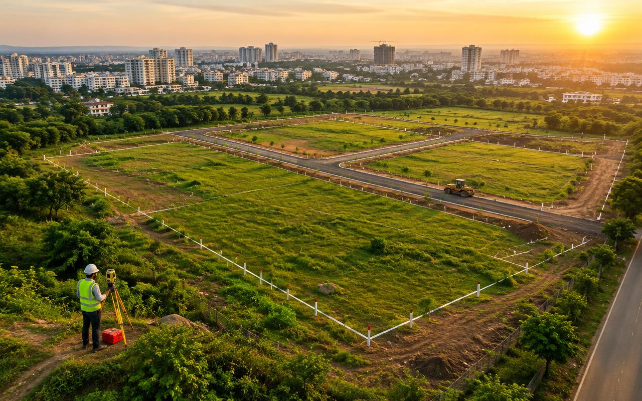 Aerial view of a planned gated residential layout with plots and tree-lined roads