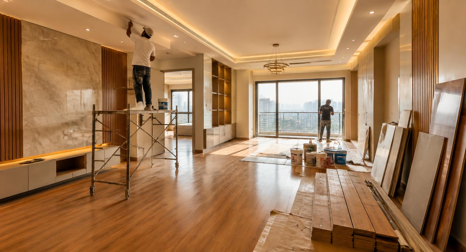 Interior execution in progress in a modern apartment with false-ceiling finishing, wooden flooring and material panels