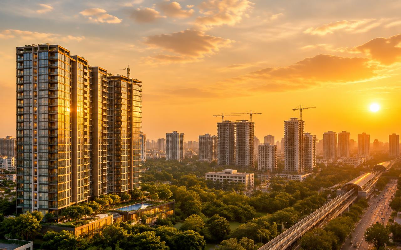 Modern residential towers in Bengaluru at golden hour
